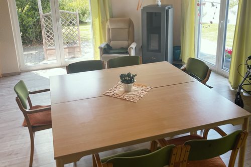 Holztisch mit Stühlen, Pflanze in der Mitte, helles Zimmer mit großen Fenstern und Gartenblick.