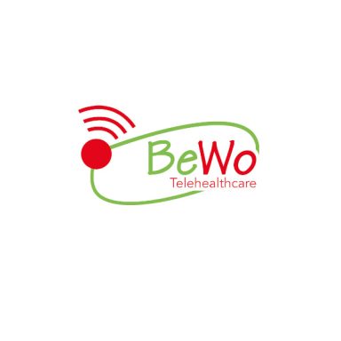Logo von BeWo Tele-healthcare mit rotem Punkt und Wellenlinien.